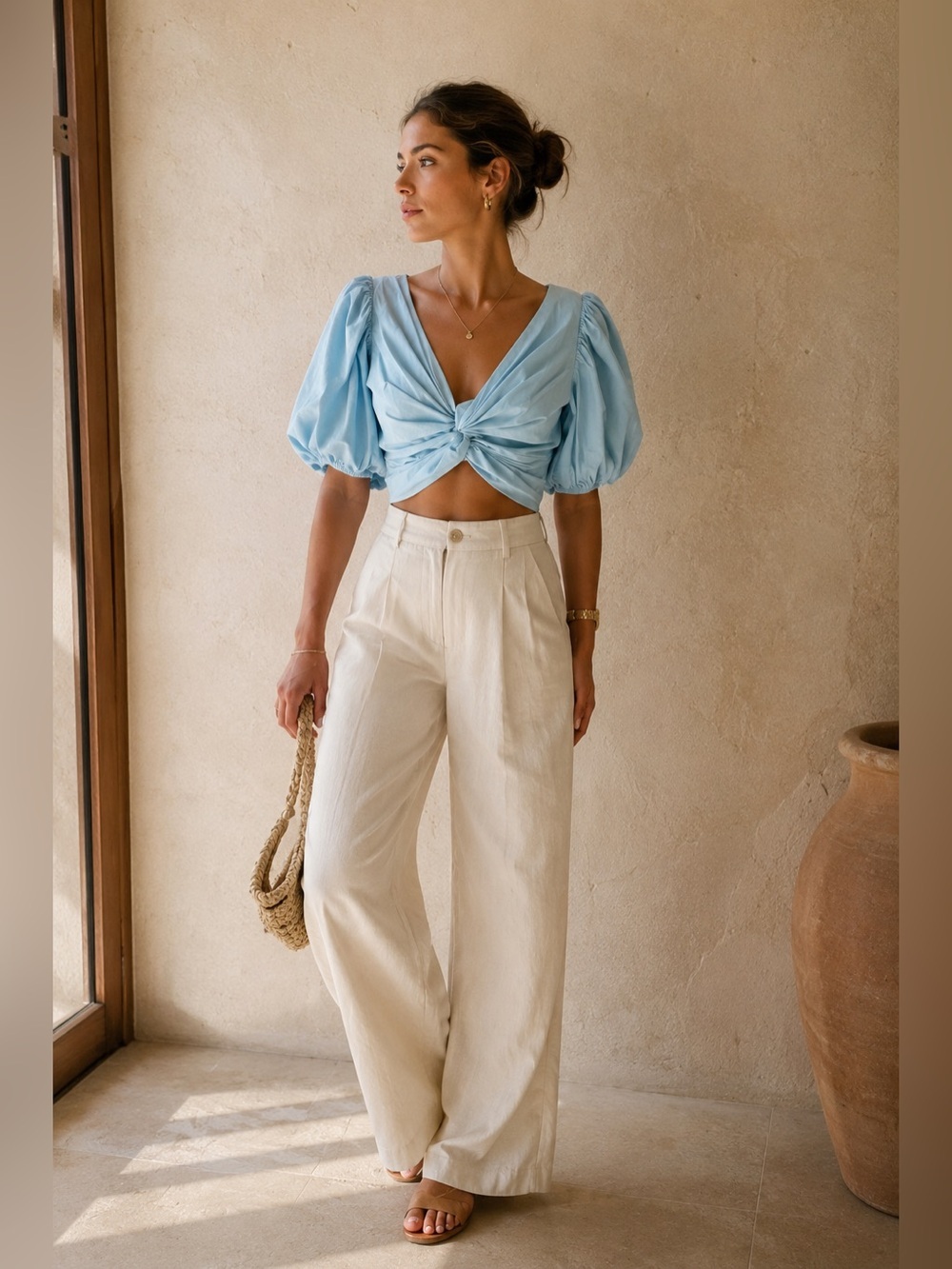 Cinq à Sept Blue Puff Sleeve Twist Front Crop Top Medium